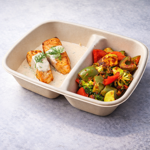 Grilled salmon with Lemon Dill sauce served with roasted vegetables